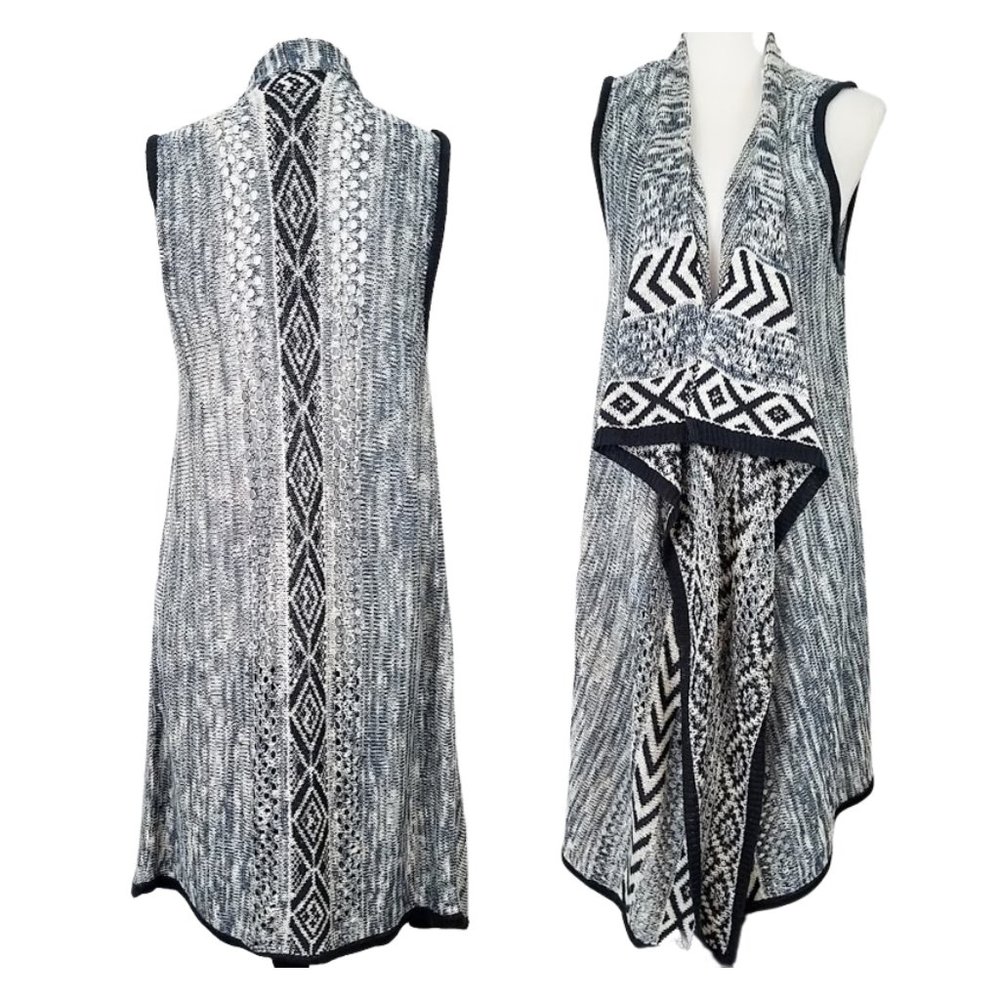 ABSOLUTELY FAMOUS Blue White & Black Long Cardigan Sweater Vest Women's M